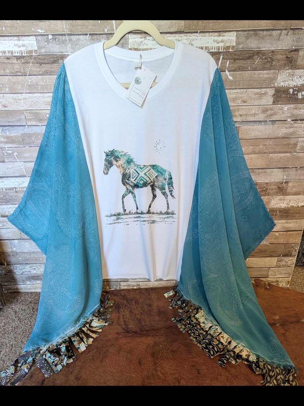 Boho Southwestern Horse With Turquoise Bat Wings And Multi Colored Fringe